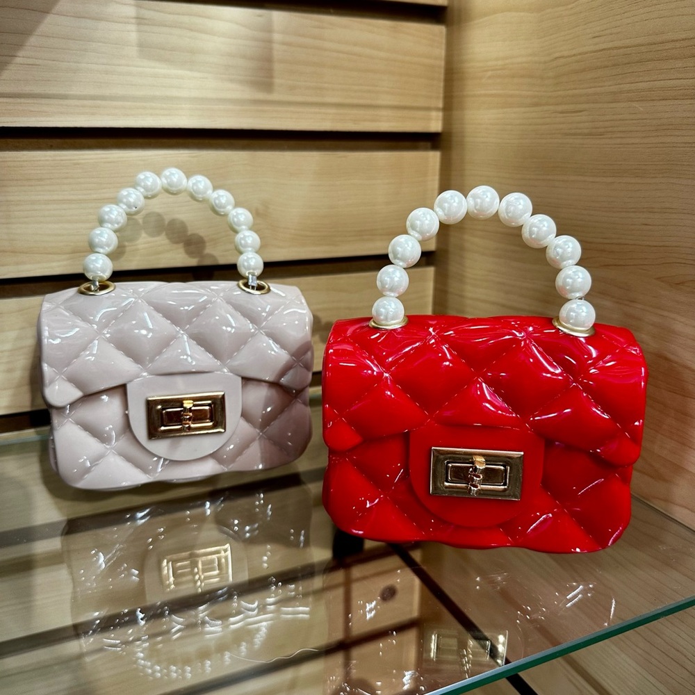 Elegant PVC Handbag with Pearl Handle - Red and Cream